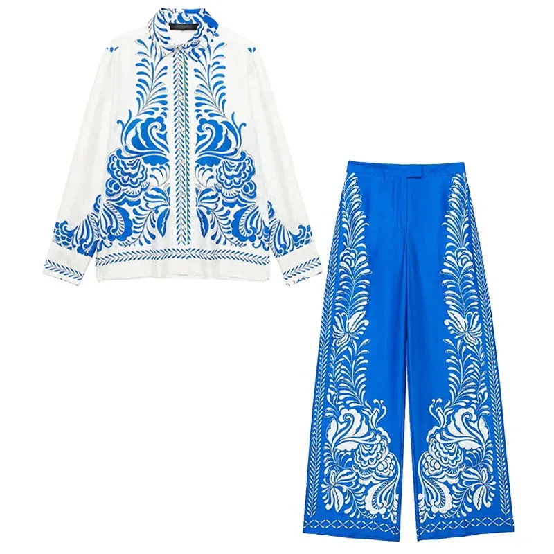 Print Turn-Down Collar Long Sleeves Single Breasted Shirts High Waist Pants
