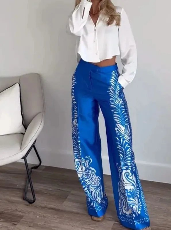 Print Turn-Down Collar Long Sleeves Single Breasted Shirts High Waist Pants