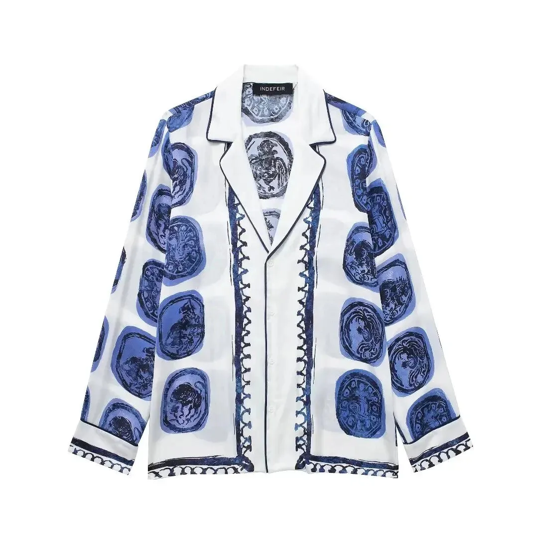 Print Turn-Down Collar Long Sleeves Single Breasted Shirts High Waist Pants