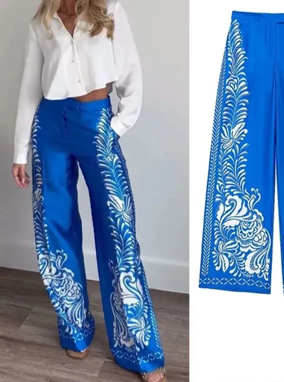 Print Turn-Down Collar Long Sleeves Single Breasted Shirts High Waist Pants
