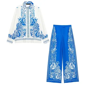 Print Turn-Down Collar Long Sleeves Single Breasted Shirts High Waist Pants