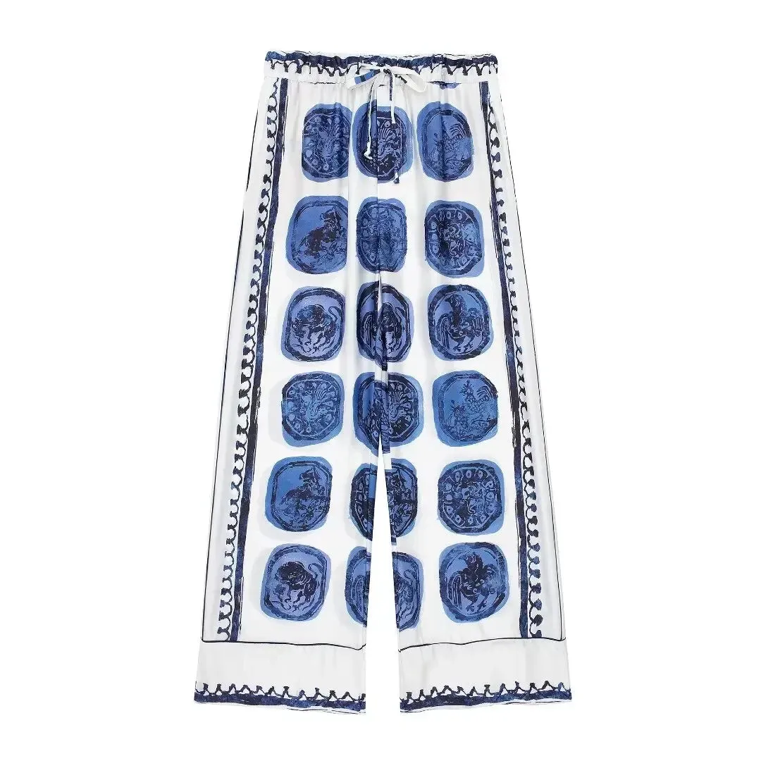 Print Turn-Down Collar Long Sleeves Single Breasted Shirts High Waist Pants