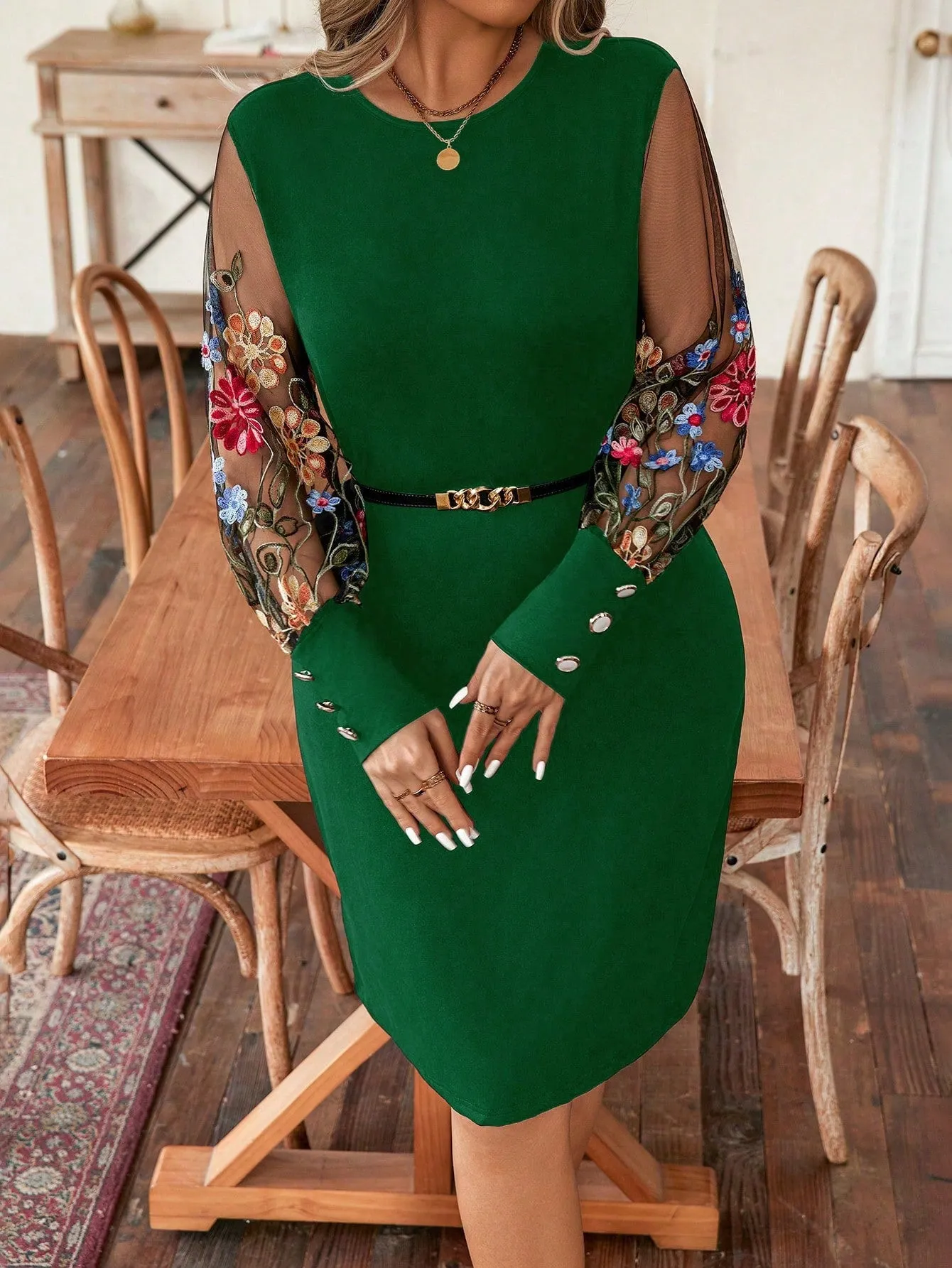 Privé Plus Size Women's Knitted Dress With Sheer Sleeves