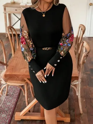 Privé Plus Size Women's Knitted Dress With Sheer Sleeves