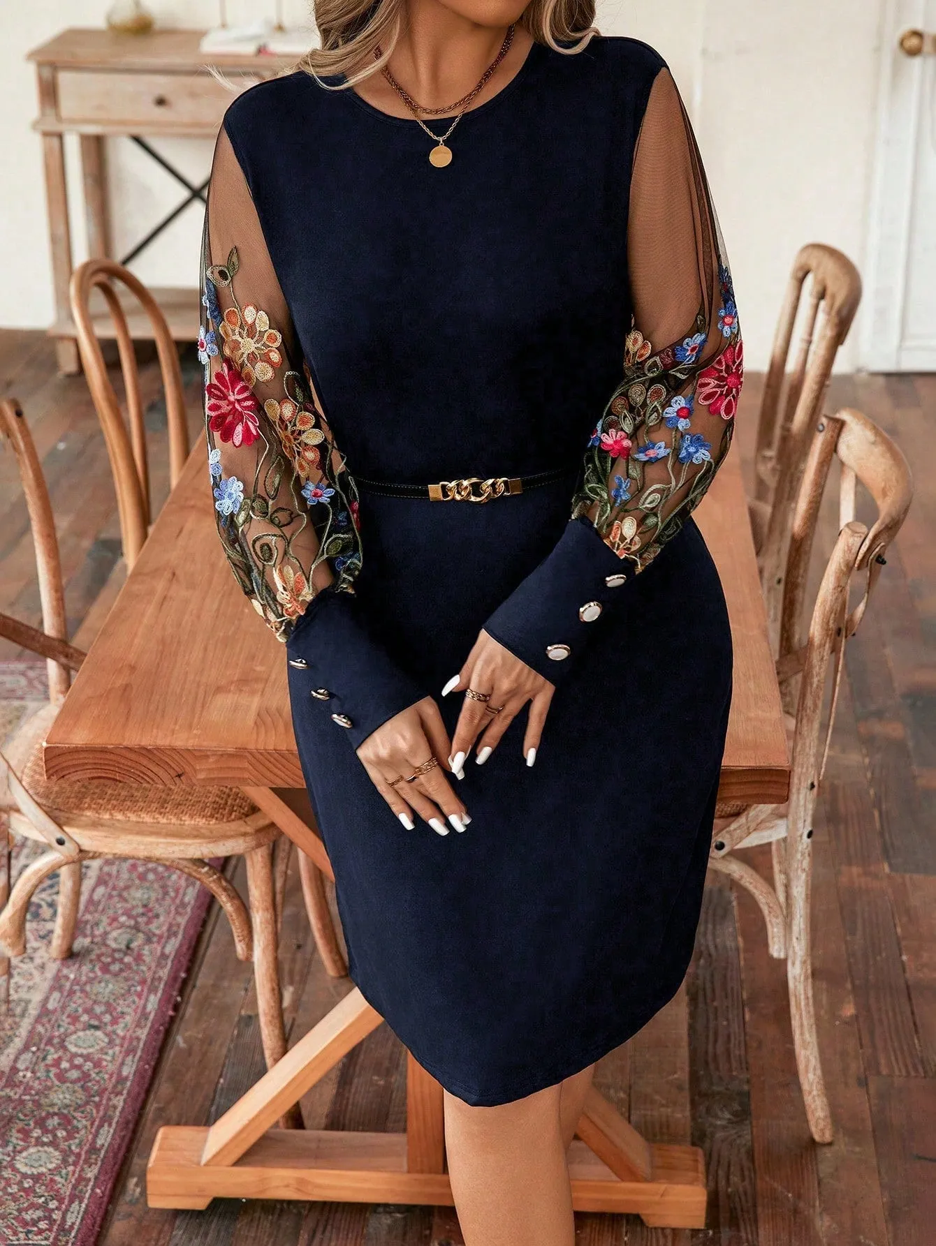 Privé Plus Size Women's Knitted Dress With Sheer Sleeves
