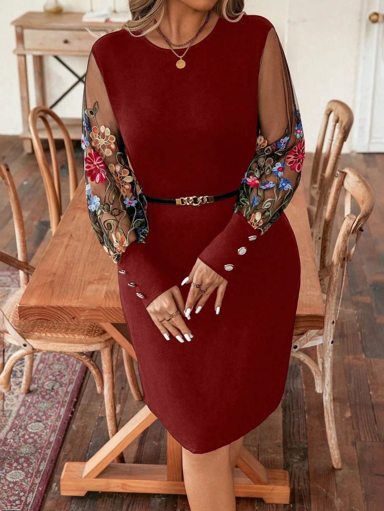 Privé Plus Size Women's Knitted Dress With Sheer Sleeves