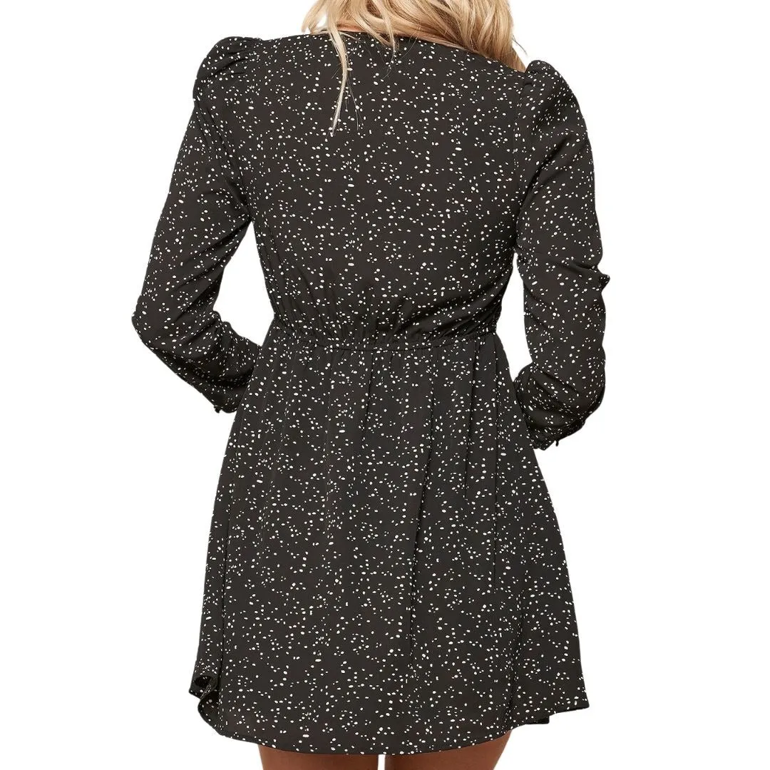 Promesa Black Abstract Polka Dot 3/4 Puff-Sleeve Flared Mini Dress ADC0057-BLACK