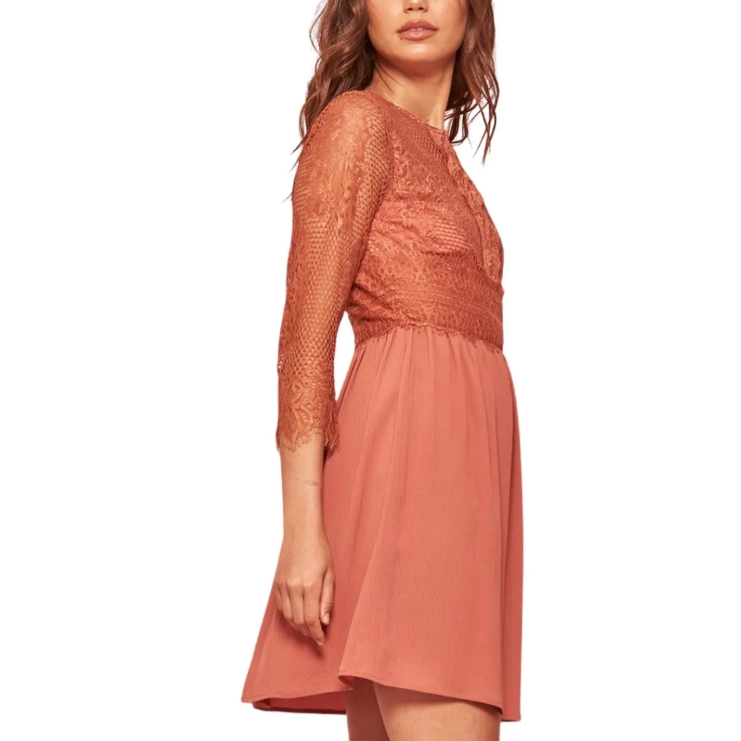 Promesa Persimmon 3/4-Sleeve Eye Lash Lace Flared Mini Dress JDC9483-PERSIMMON