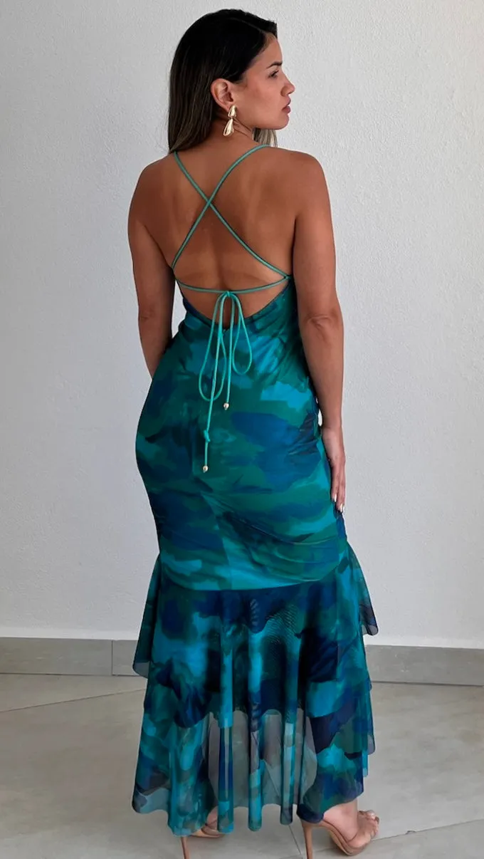 Prominet Charm Green Print Midi Dress