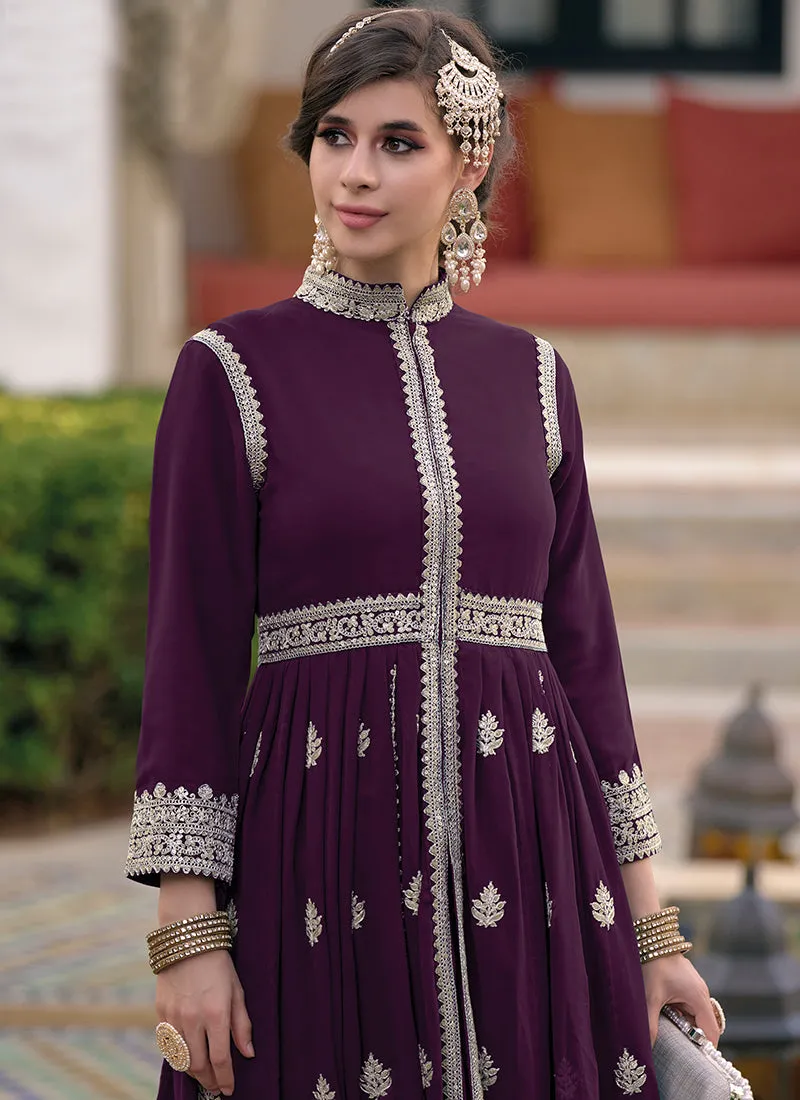 Purple Sequence Embroidery Slit Style Festive Anarkali Pant Suit