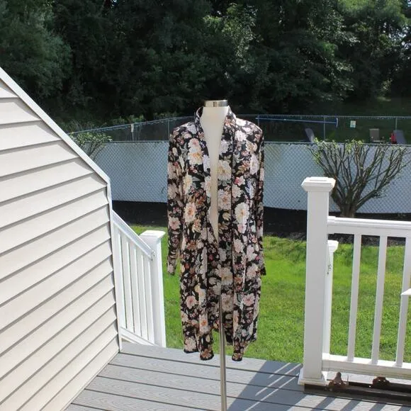 QED London Women's Open Robe Duster Black Floral Print Size Small
