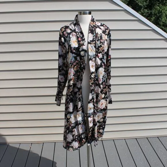 QED London Women's Open Robe Duster Black Floral Print Size Small