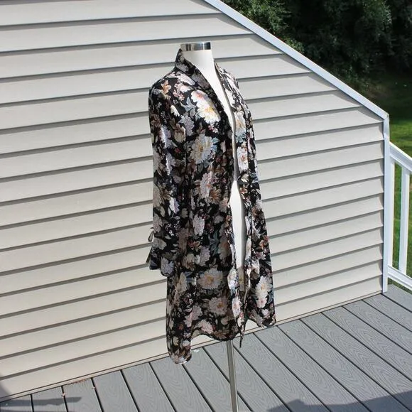 QED London Women's Open Robe Duster Black Floral Print Size Small