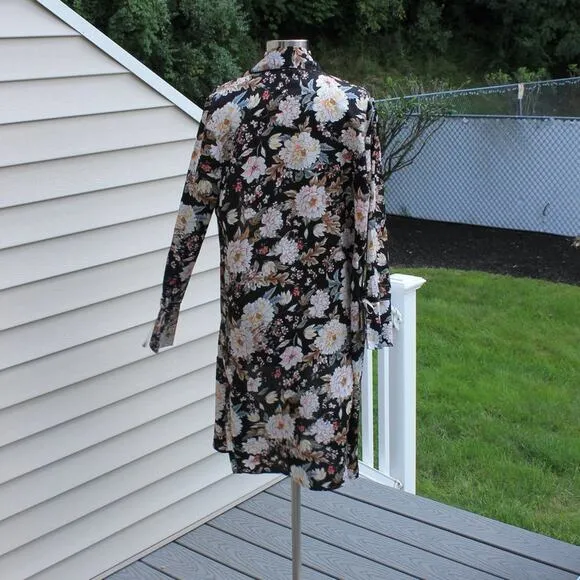 QED London Women's Open Robe Duster Black Floral Print Size Small