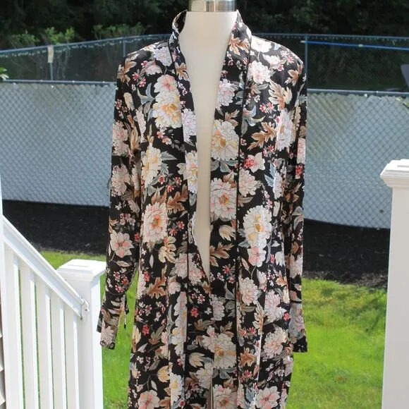 QED London Women's Open Robe Duster Black Floral Print Size Small