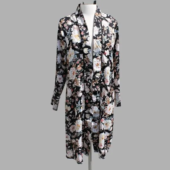 QED London Women's Open Robe Duster Black Floral Print Size Small