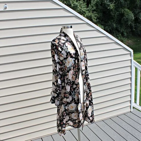 QED London Women's Open Robe Duster Black Floral Print Size Small