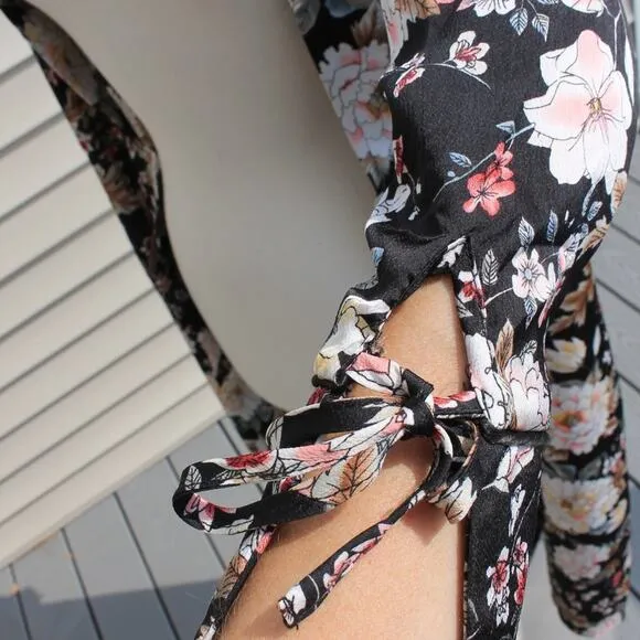QED London Women's Open Robe Duster Black Floral Print Size Small