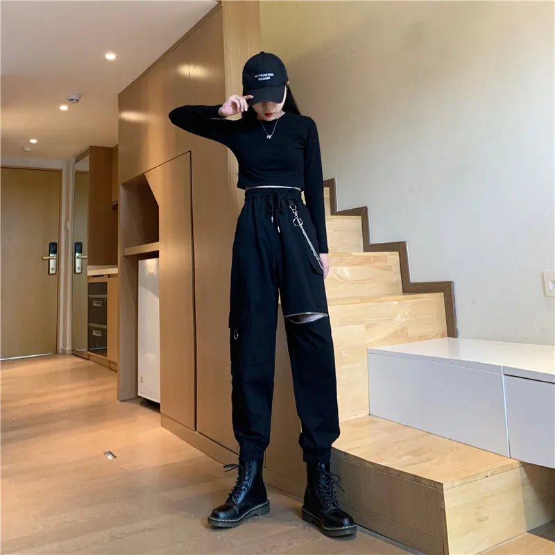 "BLACK THIGH ZIPPERED " PANTS N102102