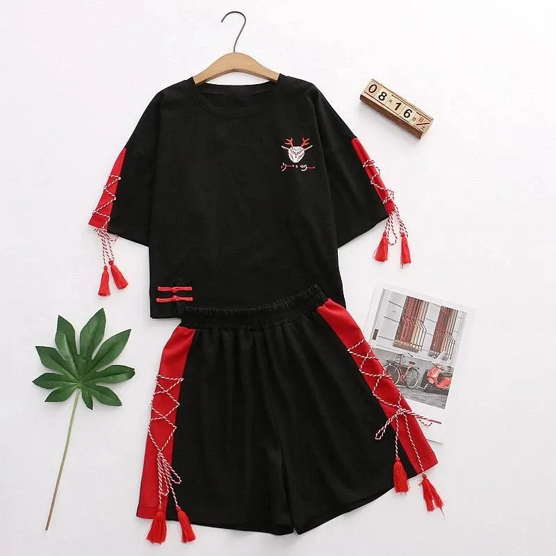 "DEER EMBROIDERY TASSELS LACE UP" T-SHIRT SHORTS SET N081207