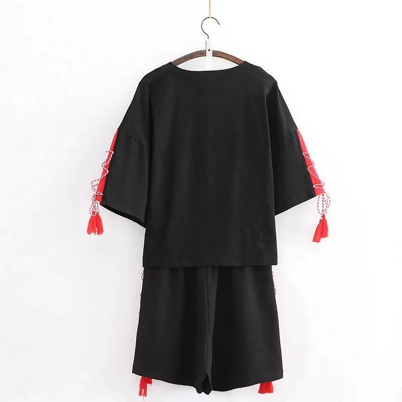 "DEER EMBROIDERY TASSELS LACE UP" T-SHIRT SHORTS SET N081207