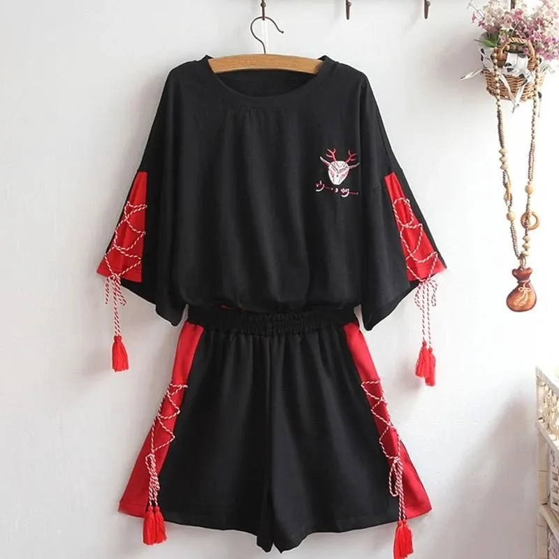 "DEER EMBROIDERY TASSELS LACE UP" T-SHIRT SHORTS SET N081207
