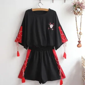 "DEER EMBROIDERY TASSELS LACE UP" T-SHIRT SHORTS SET N081207
