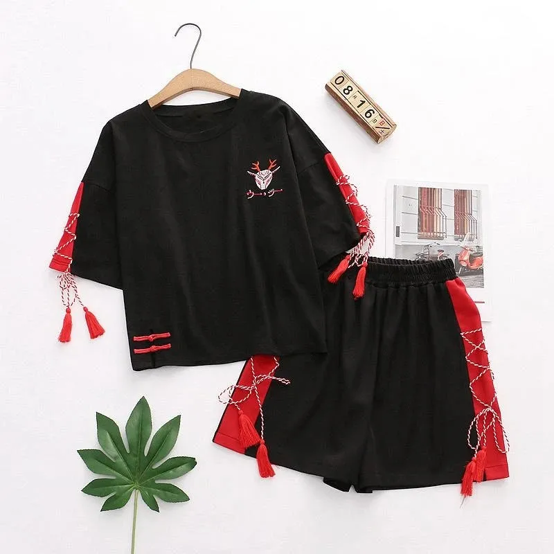 "DEER EMBROIDERY TASSELS LACE UP" T-SHIRT SHORTS SET N081207