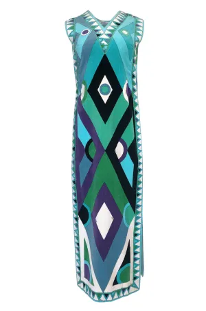 Rare c1968 Pucci Turquoise Print Towelling Velvet Split Side Caftan Dress