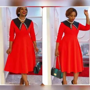 RED MIDI DRESS WITH WIDE BLACK COLLAR