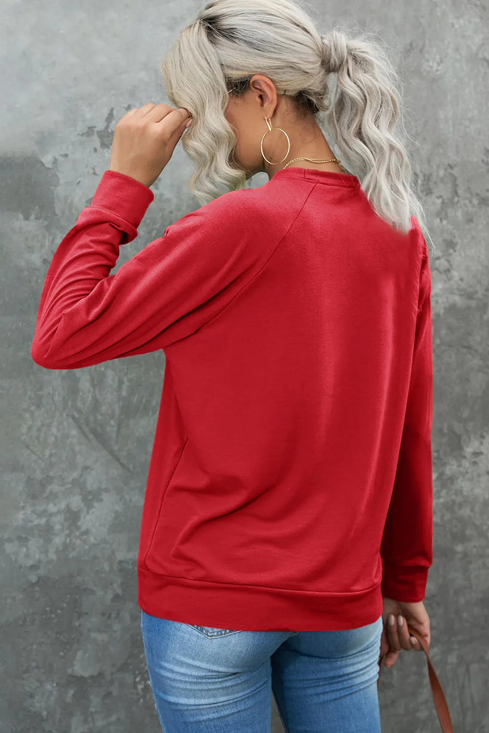 Red Solid Round Neck Raglan Sleeve Sweatshirt