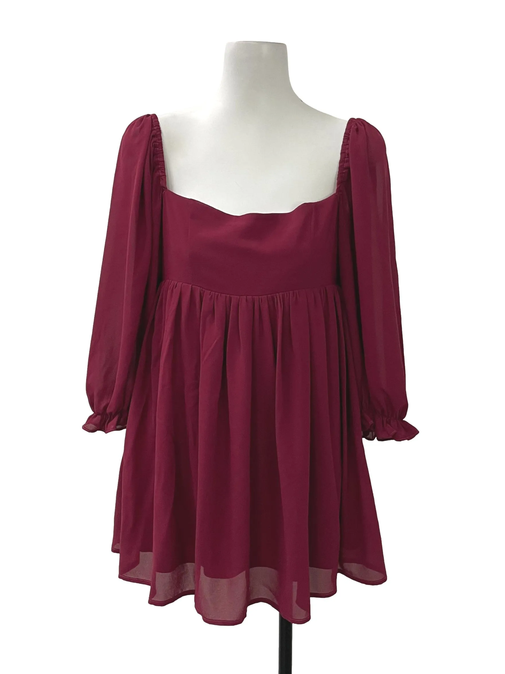 Red Square Neck Babydoll Pleated Dress