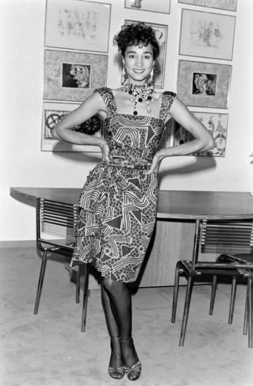 Resort 1983 Yves Saint Laurent Blue Printed Cotton Hip Swag Sarong Dress