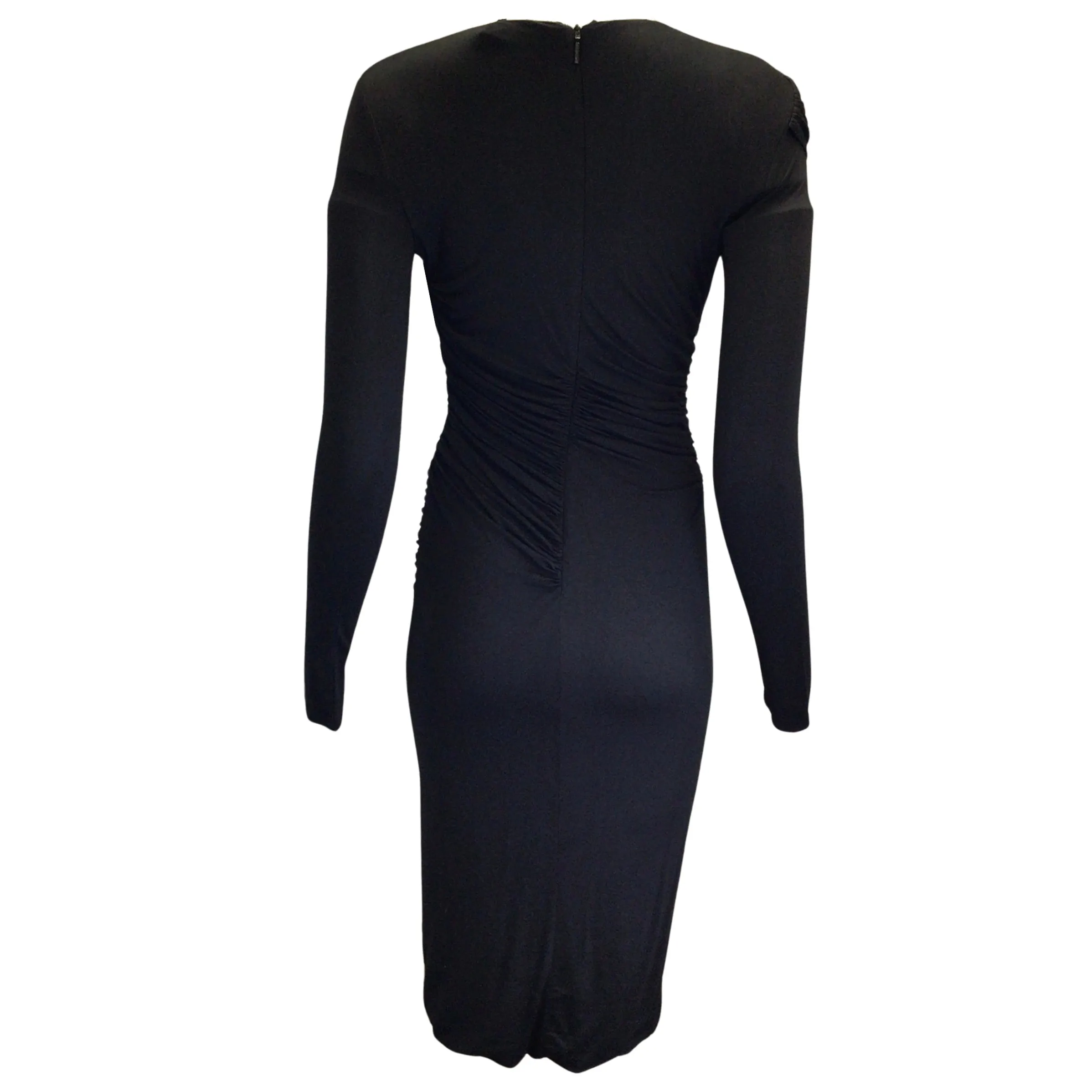 Roberto Cavalli Black / Gold Tiger Tooth Charm Detail Ruched Long Sleeved Fitted Midi Dress
