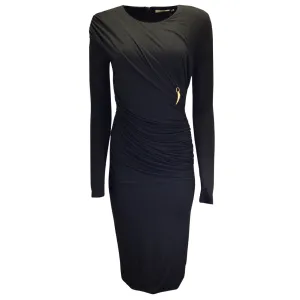 Roberto Cavalli Black / Gold Tiger Tooth Charm Detail Ruched Long Sleeved Fitted Midi Dress