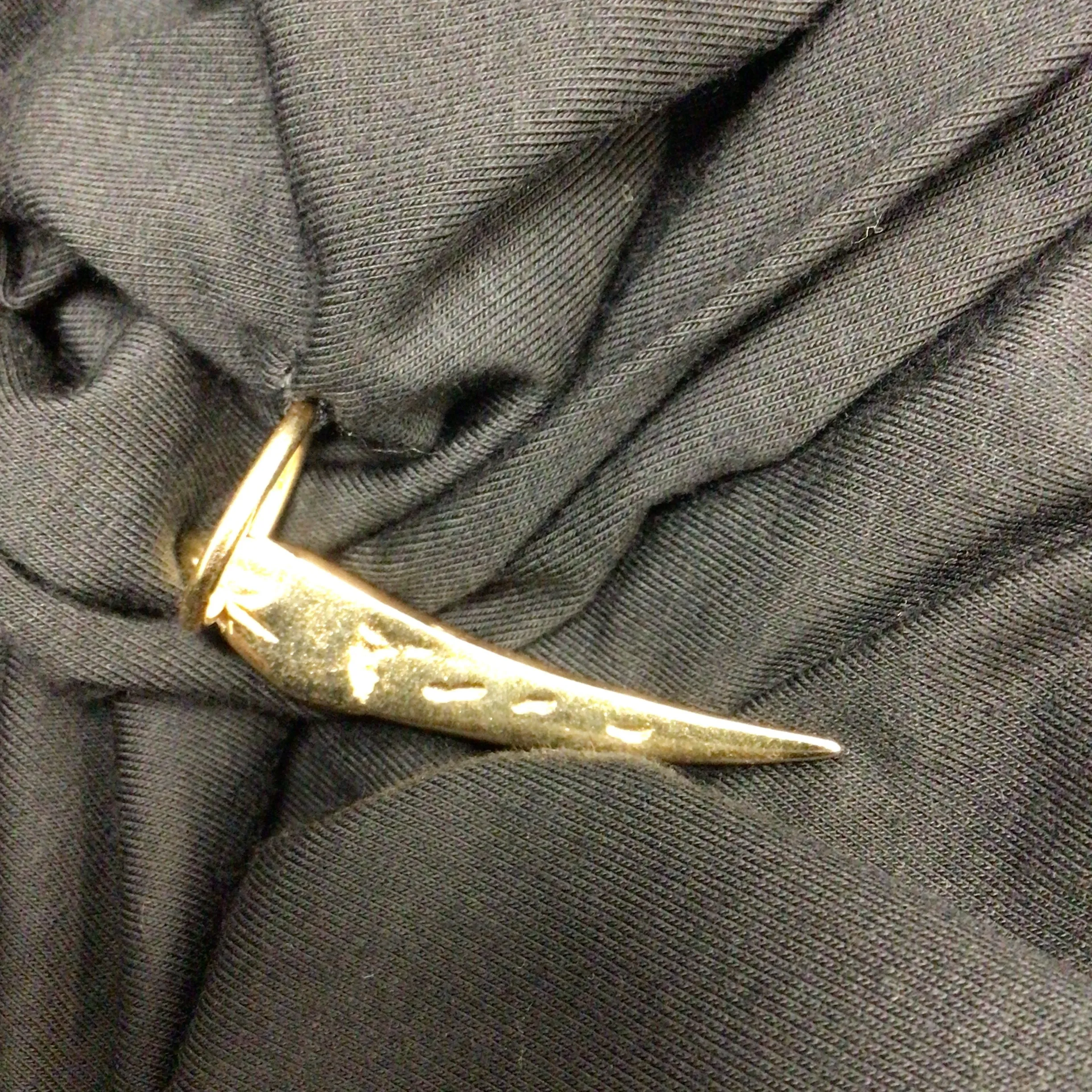 Roberto Cavalli Black / Gold Tiger Tooth Charm Detail Ruched Long Sleeved Fitted Midi Dress
