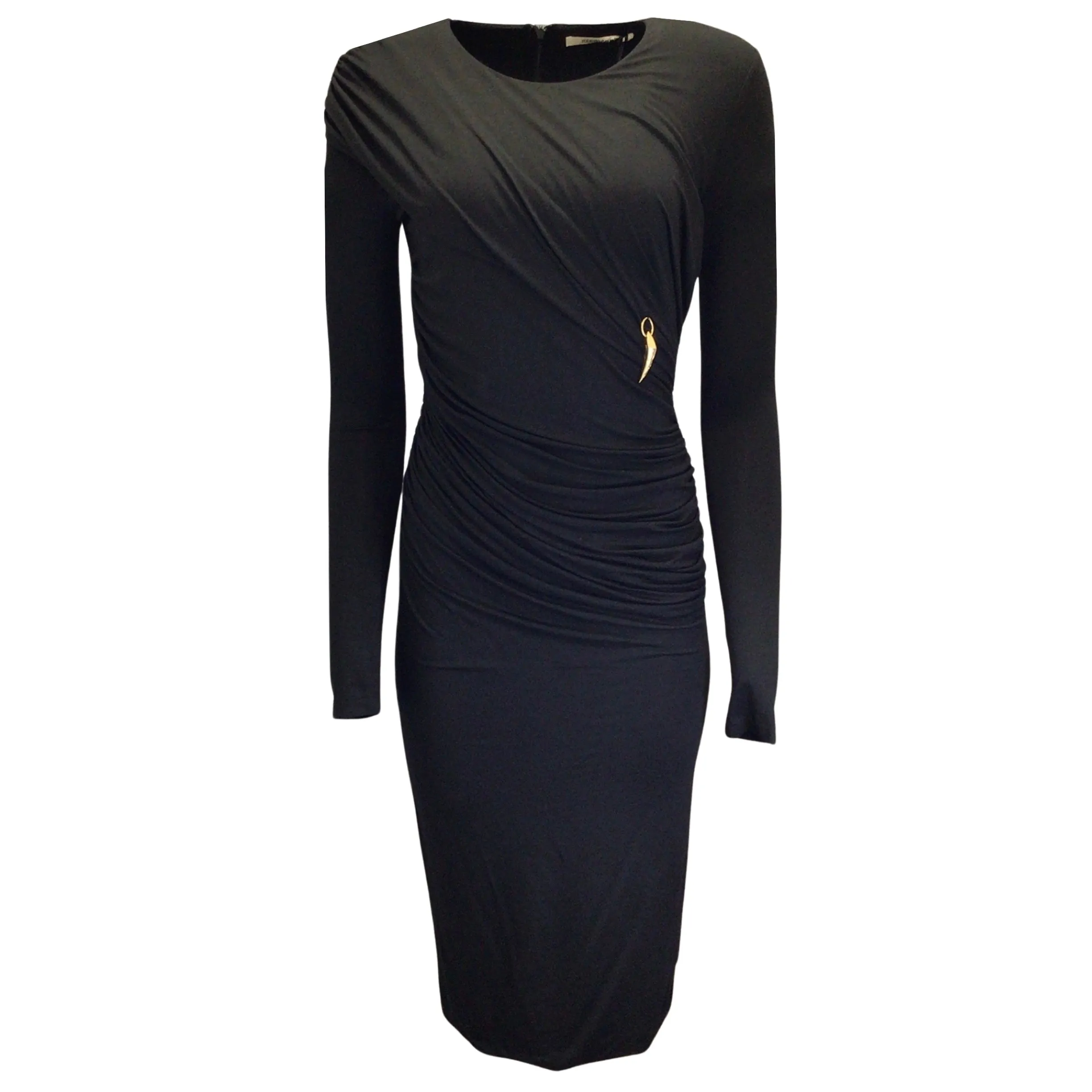 Roberto Cavalli Black / Gold Tiger Tooth Charm Detail Ruched Long Sleeved Fitted Midi Dress