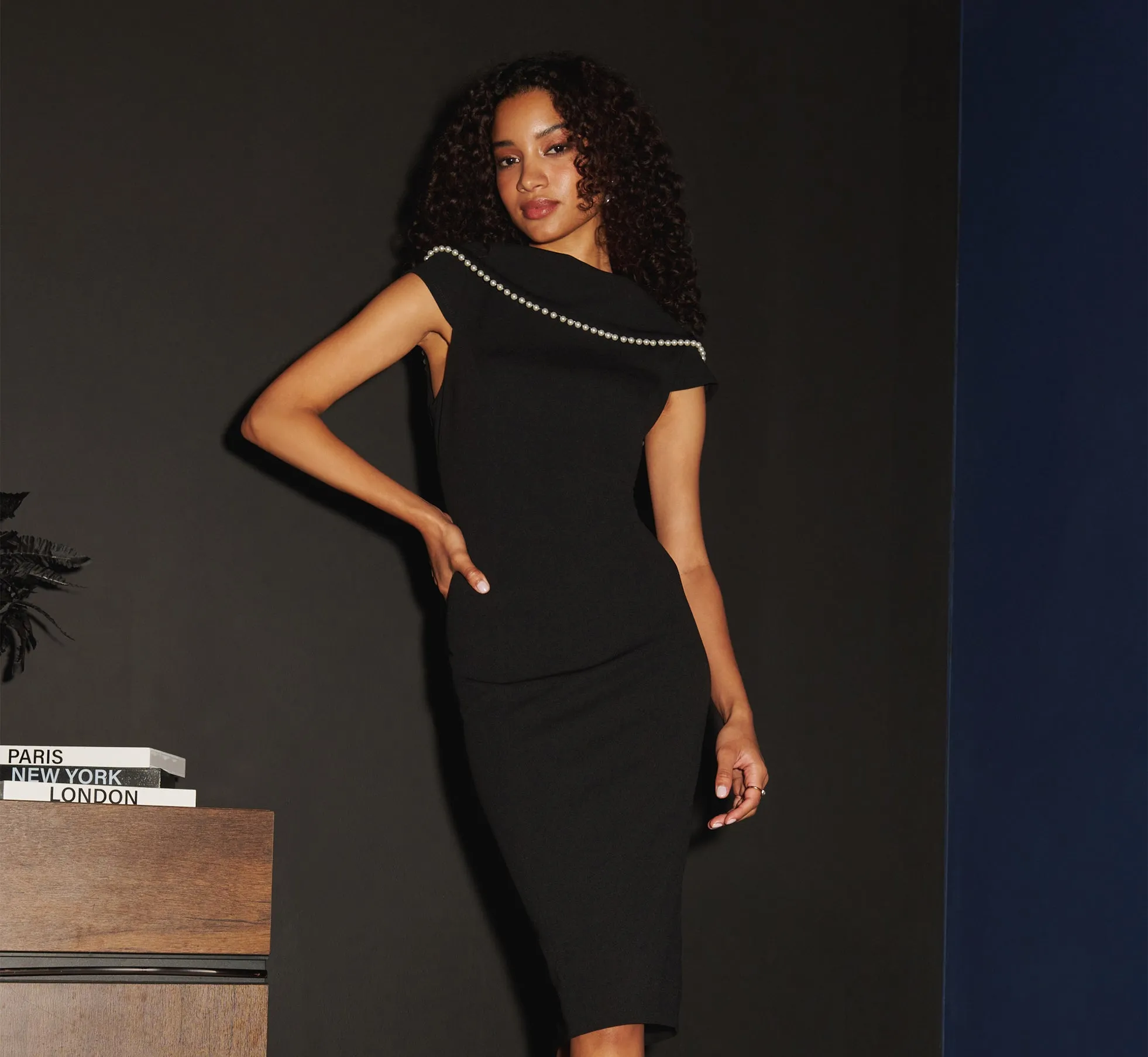 Roll Neck Pearl Midi Dress In Black