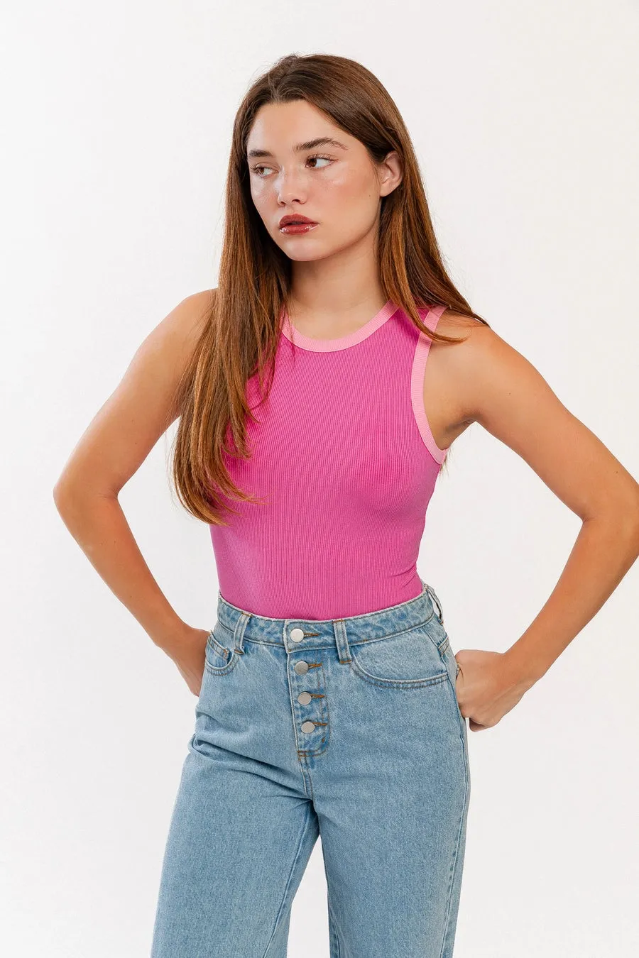 Round Neck Sleeveless Ribbed Color Block Bodysuit