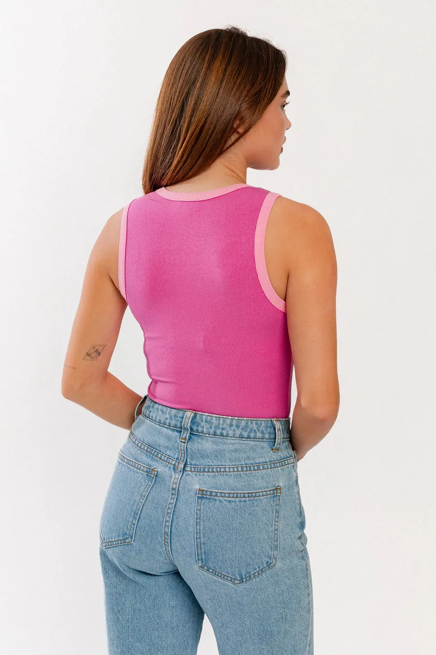 Round Neck Sleeveless Ribbed Color Block Bodysuit