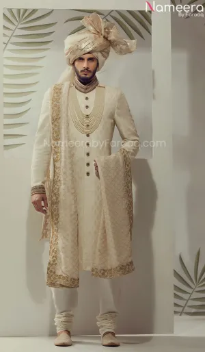 Royal White Grooms Sherwani Jamawar with Turban #GN20