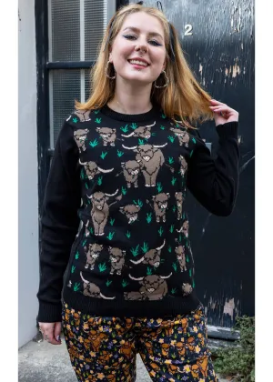 Run & Fly Highland Cows Sweater Black