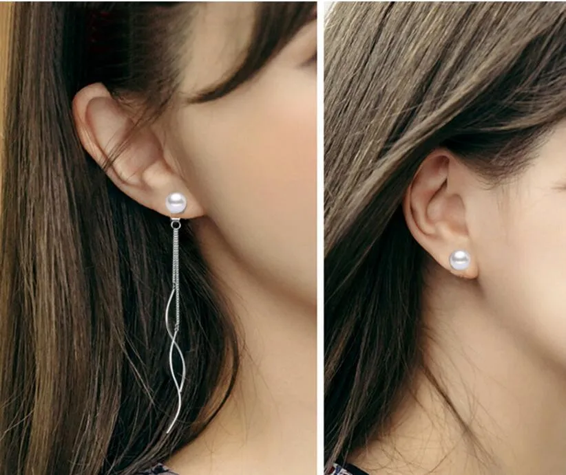 S925 Silver Post 2-in-1 Pearl Earrings, Wedding Bridal Freshwater Pearl Dangle Ear Jackets Stud Earrings
