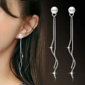 S925 Silver Post 2-in-1 Pearl Earrings, Wedding Bridal Freshwater Pearl Dangle Ear Jackets Stud Earrings