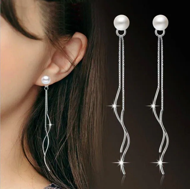 S925 Silver Post 2-in-1 Pearl Earrings, Wedding Bridal Freshwater Pearl Dangle Ear Jackets Stud Earrings