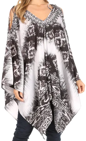 Sakkas Zula Sleeveless Asymetrical Top Blouse with Colorful Print and Rhinestones