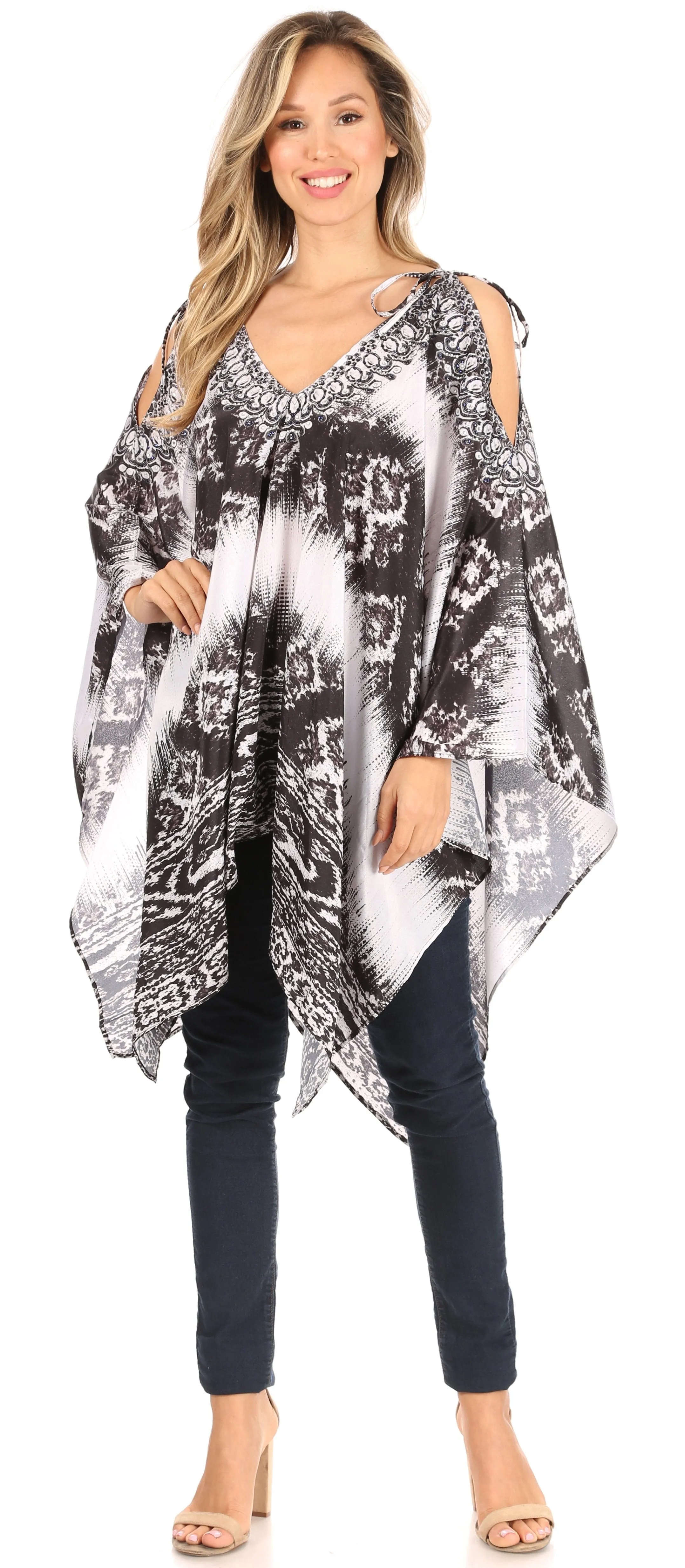 Sakkas Zula Sleeveless Asymetrical Top Blouse with Colorful Print and Rhinestones