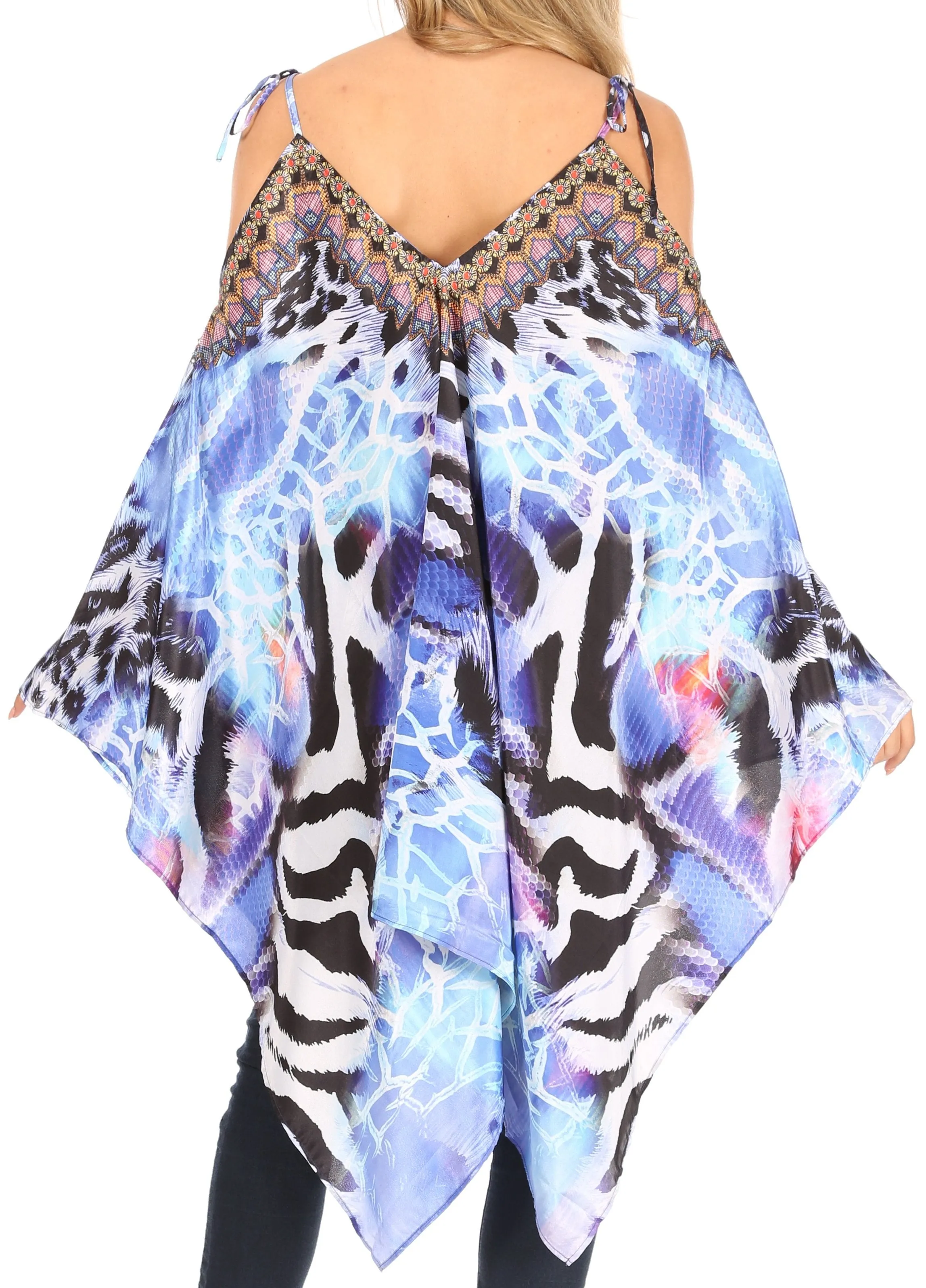 Sakkas Zula Sleeveless Asymetrical Top Blouse with Colorful Print and Rhinestones