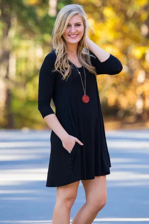 SALE-Piko 3/4 V-Neck Sleeve Swing Dress - Black