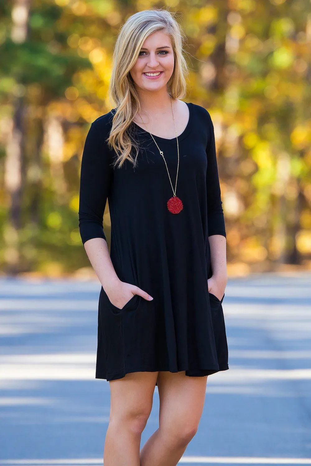 SALE-Piko 3/4 V-Neck Sleeve Swing Dress - Black